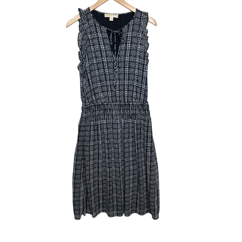 Michael Kors Plaid Sleeveless Tie Neck Midi Dress size Medium Black/White